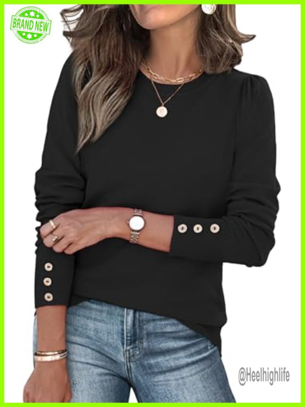 Women's Cable Knit Crew Neck Pullover Sweater Long Sleeve Button Cuff Soft Knit
